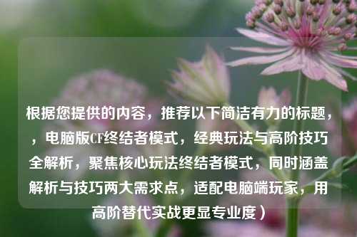 根据您提供的内容，推荐以下简洁有力的标题，，电脑版CF终结者模式，经典玩法与高阶技巧全解析，聚焦核心玩法终结者模式，同时涵盖解析与技巧两大需求点，适配电脑端玩家，用高阶替代实战更显专业度）